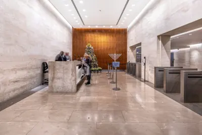 Interior lobby stone, world diamond tower lobby renovation, 580 Fifth Avenue at 47th Street, Manhattan